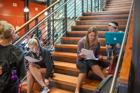 Group of people studying on a staircase